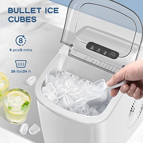 Cube Ice Machine Countertop Bullet Cubed Ice Maker 26lbs/24hrs Self-Cleaning  with Scoop Basket